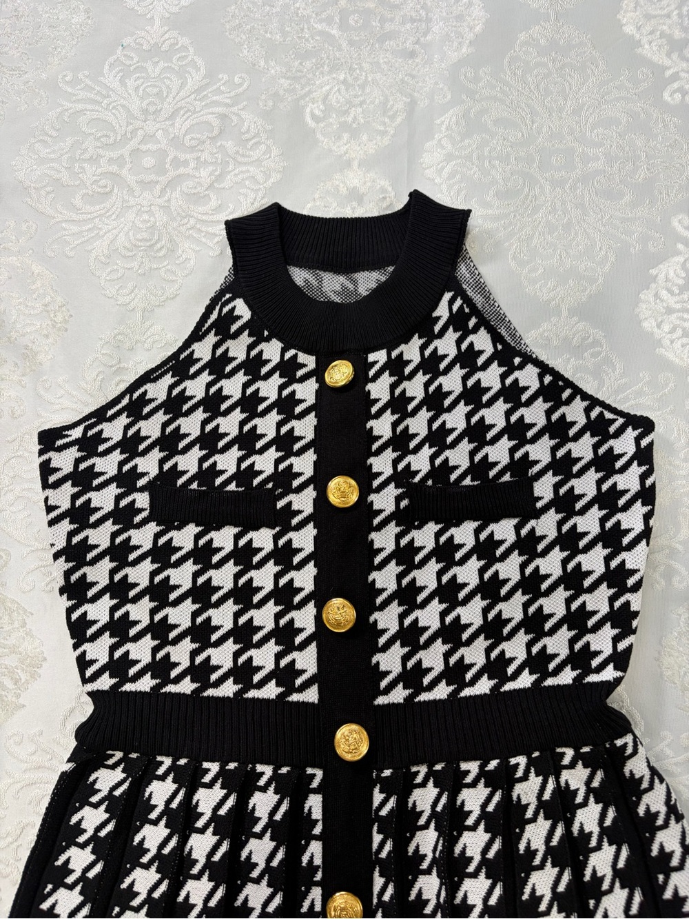 Miss Rosier Jacqueline Black Houndstooth Knit Mini Dress Pleated Size Medium NWT - Picture 7 of 10